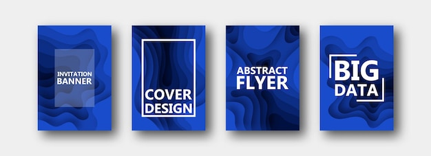 Een set van vier opties voor banners, flyers, brochures, kaarten, posters voor uw ontwerp, in blauwe kleuren. Papier stijl. 10 eps