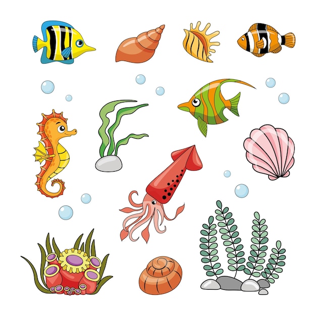 Vector een set van zeedieren in de stijl van cartoons eenvoudige stijl van kinderen illustratie