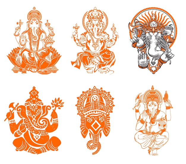 Een set van zes illustraties van de vier goden van de hindoegod Lord Ganesh