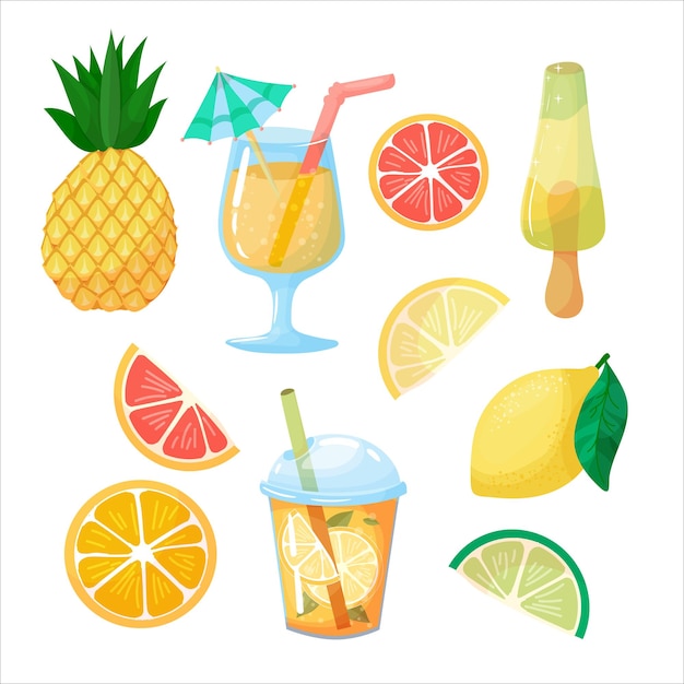 Een set van zomertraktaties Fruitcocktail of smoothie in cartoonstijl Afhaalmaaltijden Vectorillustratie geïsoleerd op een witte achtergrond