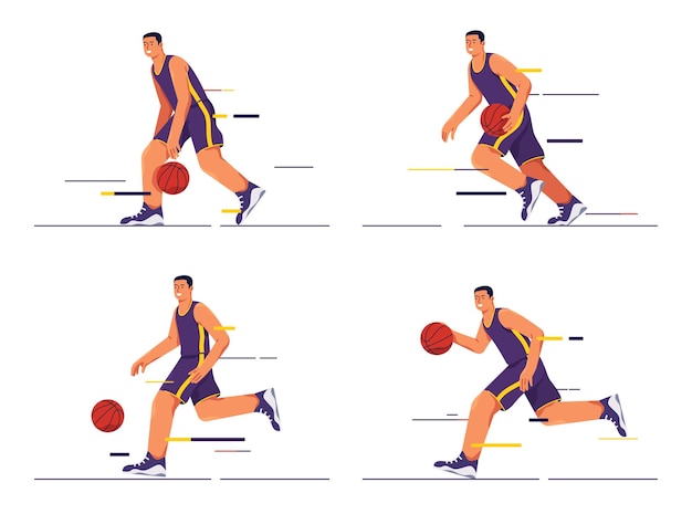 Vector een set vectorillustraties van een basketbalspeler in beweging