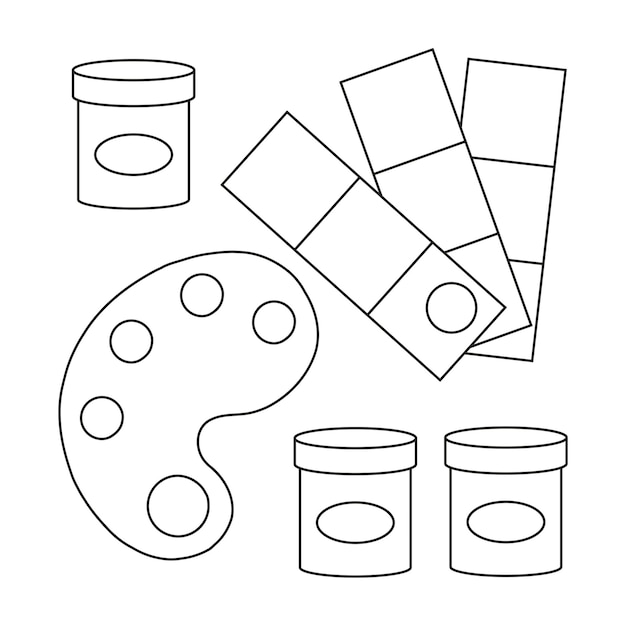 Een set verf en een palet voor verf Lijntekeningen Vector illustratie