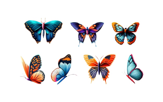Een set vlinders met verschillende kleuren.