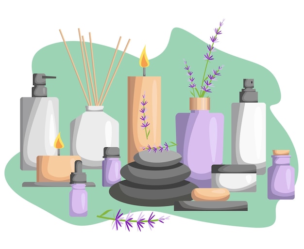 Vector een set voor een spa salon. kaarsen, oliën, schoonheidsbehandelingen en spa-ontspanning voor wellness.