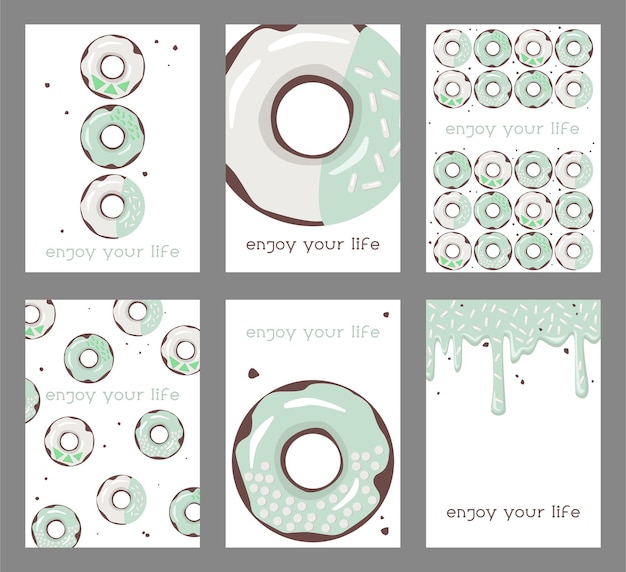 Een set vrolijke kaarten met donuts Donuts met gekleurd glazuur en snoep