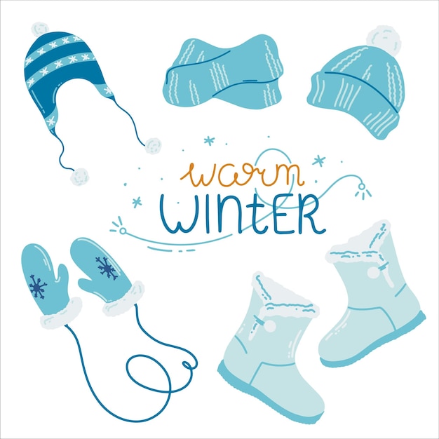 Een set winteraccessoires in blauwe tinten Warme muts wanten sjaal en laarzen in een platte stijl
