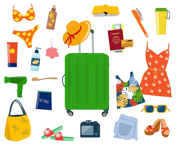 Een set zomerse dameskleding en spullen voor een strandvakantie een koffer dingen voor op vakantie