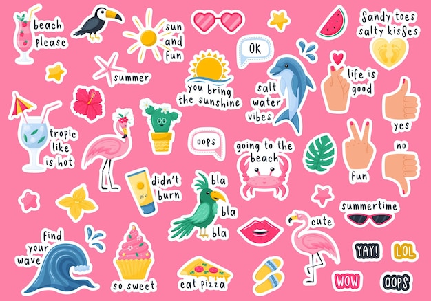 Een set zomerstickers met zinnen cocktail flamingo cactus papegaaikrab stickers met handgeschreven inscripties met een witte omtrek kleur vectorillustraties in een platte cartoon-stijl