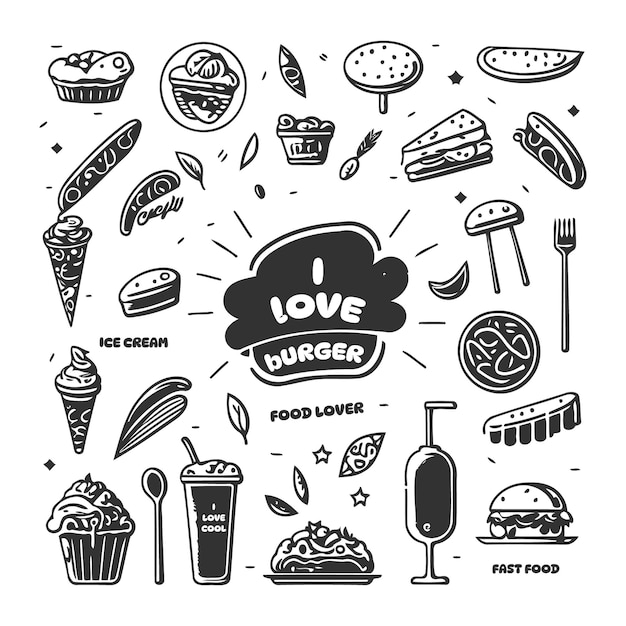 Vector een set zwart-witillustraties van fastfood met de woorden 'i love the burger'