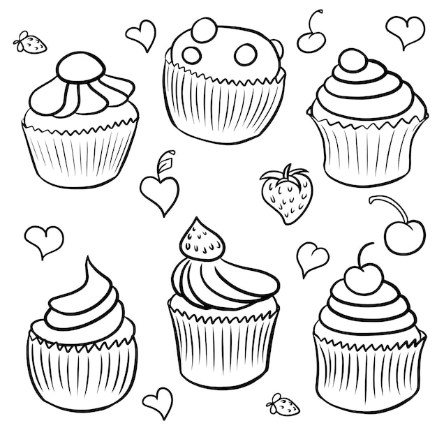 Vector een set zwart-witte cupcakes voor thee-cupcakes met kersen- en aardbeiendecoraties