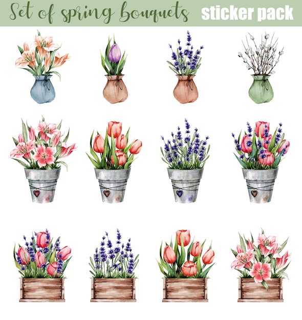 Een setje lentebloemen in houten kistjes potten Lelie tulpen lavendel Leuk voor op de sticker