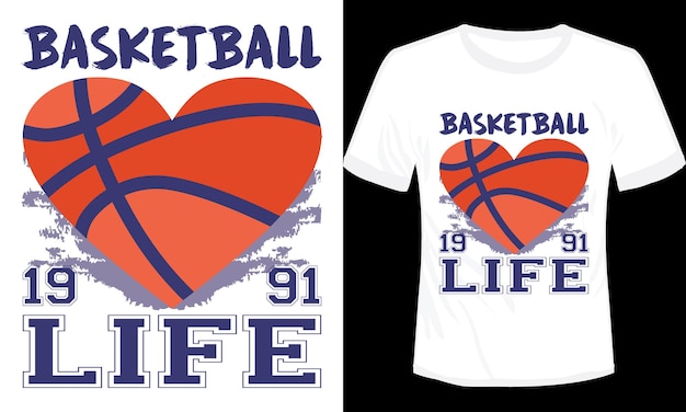 Vector een shirt met de tekst basketbal en het hart is gelabeld basketbal