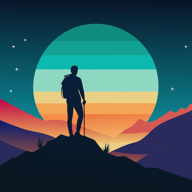 een silhouet van een staande wandelaar