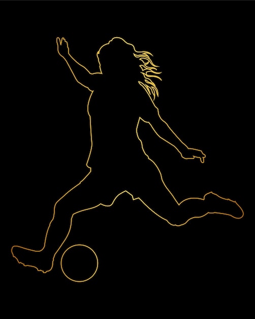 Een silhouet van een vrouw die een voetbal schopt.