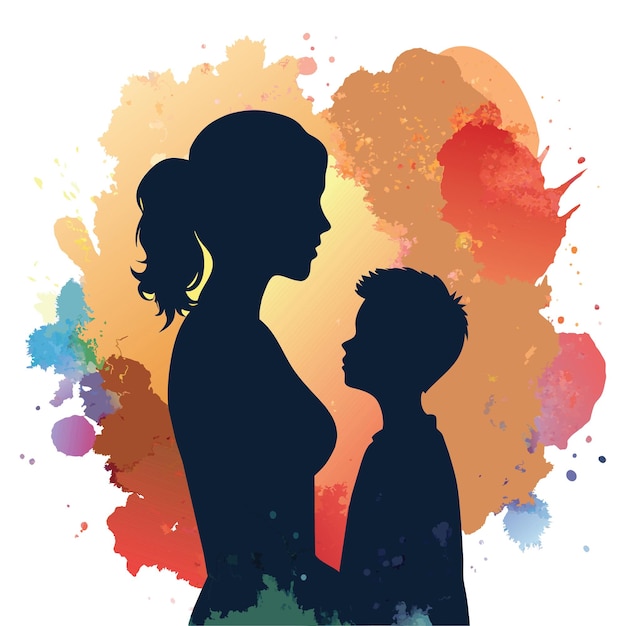 een silhouet van een vrouw en een jongen met een kleurrijke achtergrond