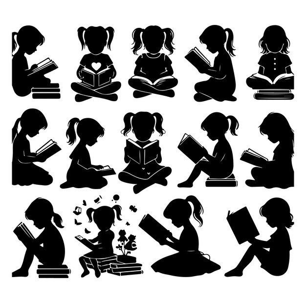 Vector een silhouetvector van een kind dat een boek leest