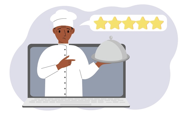 Een site met reviews over online boodschappen doen via een laptop of fastfood bestellen de kok houdt een dienblad met deksel of een bord met deksel vast