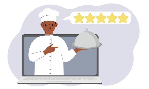 Een site met reviews over online boodschappen doen via een laptop of fastfood bestellen de kok houdt een dienblad met deksel of een bord met deksel vast