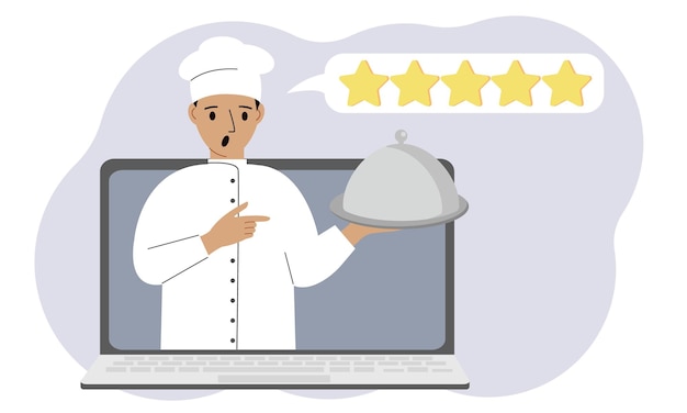 Een site met reviews over online boodschappen doen via een laptop of fastfood bestellen De kok houdt een dienblad met deksel of een bord met deksel vast