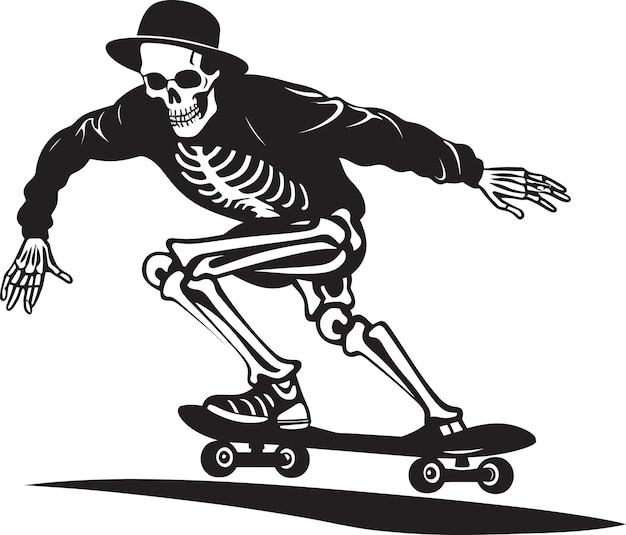 Vector een skelet met een hoed rijdt op een skateboard