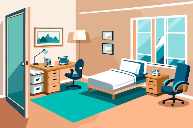 Een slaapkamer met een bed, een bureau, een stoel en een lamp.