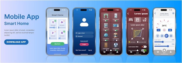 Een slanke smart home applicatie interface sjabloon met moderne iconen en een gradiënt ontwerp Inclusief navigatiemenu's voor het beheren van apparaten bewaken beveiliging beheersen temperatuur