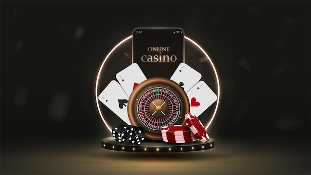 Een smartphone met roulette pokerkaarten, dobbelstenen en rode fiches op een podium met een neonframe in zwart en goud. Een concept voor een casino