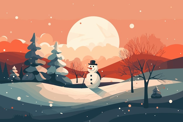 Een sneeuwpop met een rode hoed en een rode hoed staat in een besneeuwd bos