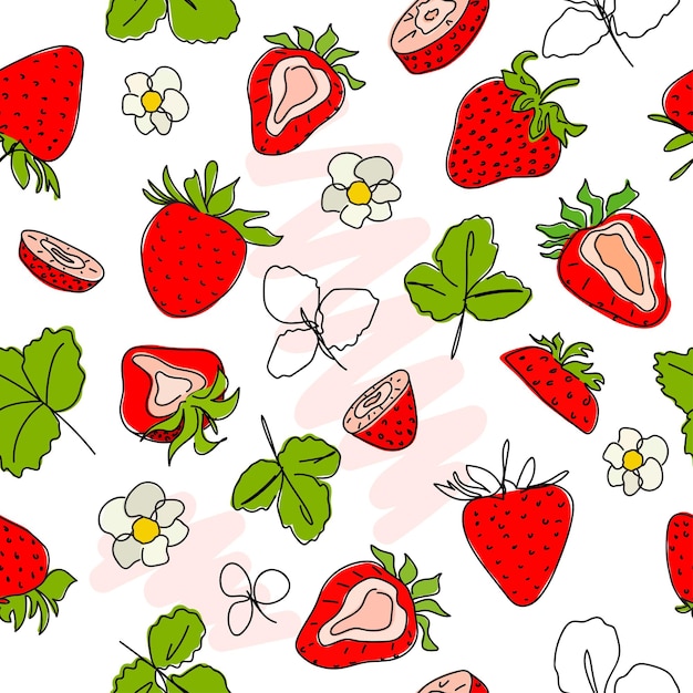 Een solide tekening van verse aardbeien Naadloze textuur Pink Doodle Red berry minimalistische stijl