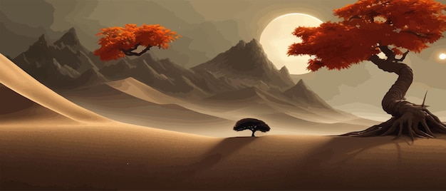 Een sombere herfstsinaasappelboom in de woestijn tegen bergen en heuvels op de achtergrond in een fantasiewereldvector