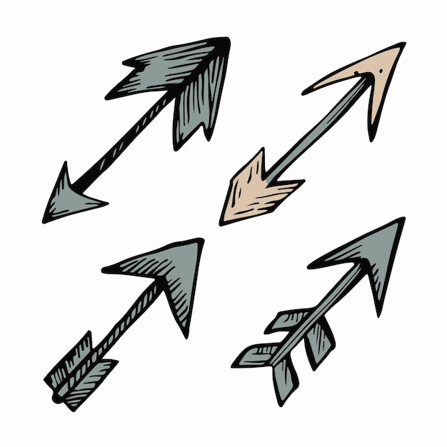 Een speelse doodle set met kronen, pijlen en harten getekend met vetgedrukte lijnen en felle kleuren