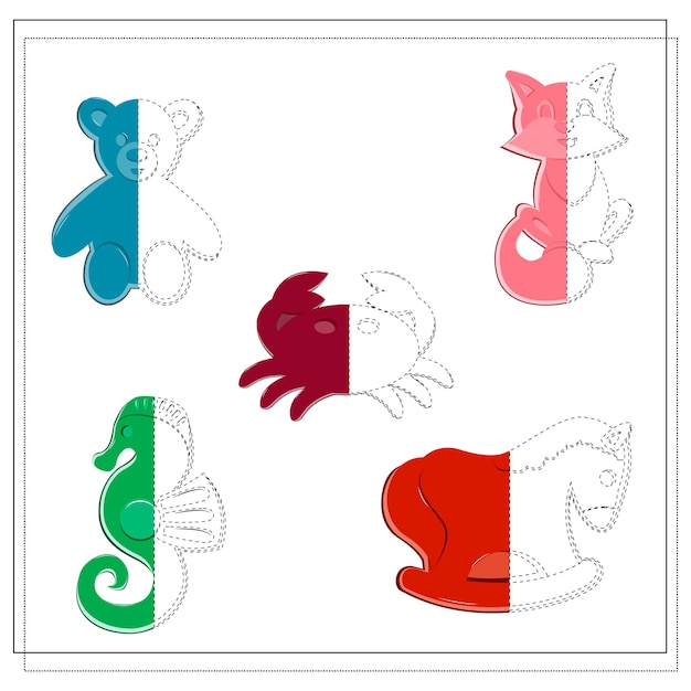 Een spel voor kinderen handschrifttraining Teken zandspeelgoed langs de contour en kleur het zeepaardje