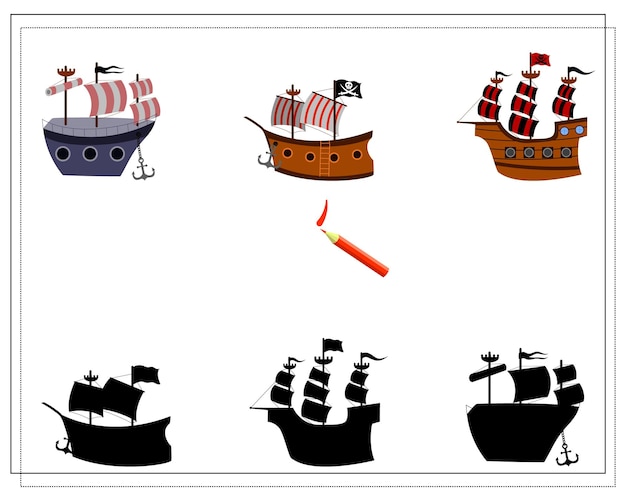 Een spel voor kinderen vind de juiste schaduw piratenschip vector geïsoleerd op een witte achtergrond