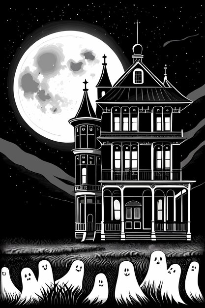 Vector een spookachtig huis in een maanlichtige nacht en schattige kleine geesten in de buurt.