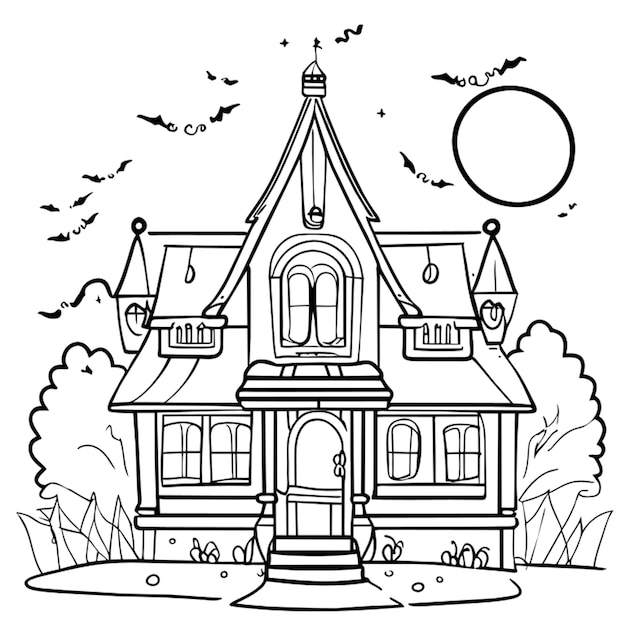 een spookachtig huis met lichten in de ramen in zwarte en witte witte achtergrond zonder schaduwen