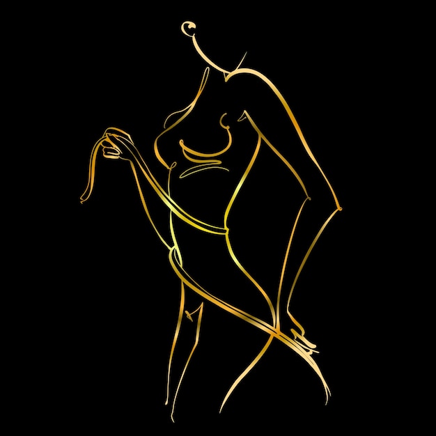 Een sportief lichaam. Lineaire kunst. Een mooi meisje wordt getekend met één lijn. Goud op zwart. Geschiktheid. Vector.