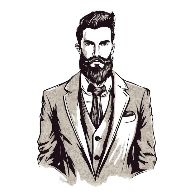 Een sprankelend portret van een stijlvolle man met een zacht kapsel, een verzorgde baard en een scherpe snor