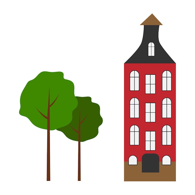 Een stadswoning in vlakke stijl. Leuke hoogbouw woning vlakbij de bomen. Rood huis met ramen en dak.