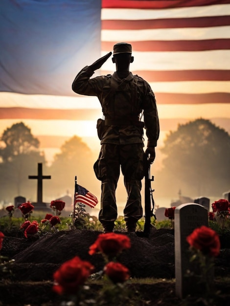 Vector een standbeeld van een soldaat staat op een begraafplaats met een amerikaanse vlag op de achtergrond op memorial day