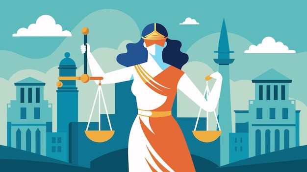 Een standbeeld van Lady Justice met haar iconische blinddoek en schalen met uitzicht op een stads gerechtsgebouw vector