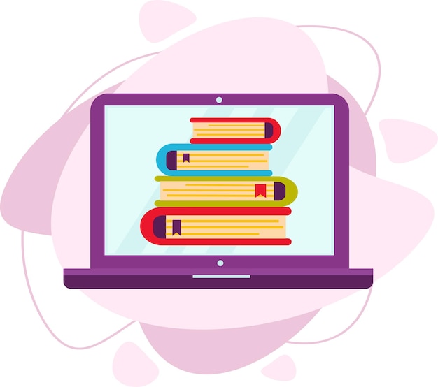 Een stapel boeken in het laptopscherm. het concept van online onderwijs. zakelijke samenstelling. vectorillustratie in een vlakke stijl.