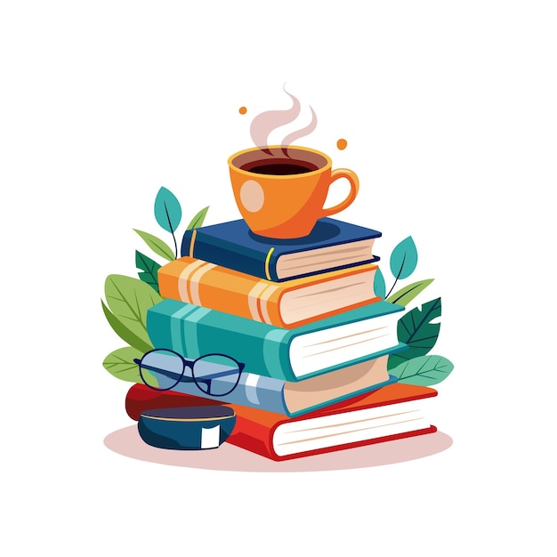 een stapel boeken met een kop koffie en een kop koffie