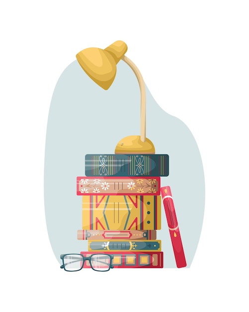 Een stapel boeken op een tafel met een leeslamp en een bril. Boeken in het interieur.