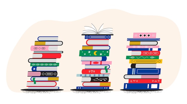 Een stapel heldere boeken en schoolboeken Veel literatuur Illustratie voor bibliotheekboekhandel rea