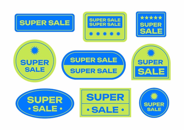 Een stel blauwe en groene labels voor superuitverkoop Cool Trendy Shopping Stickers Pack