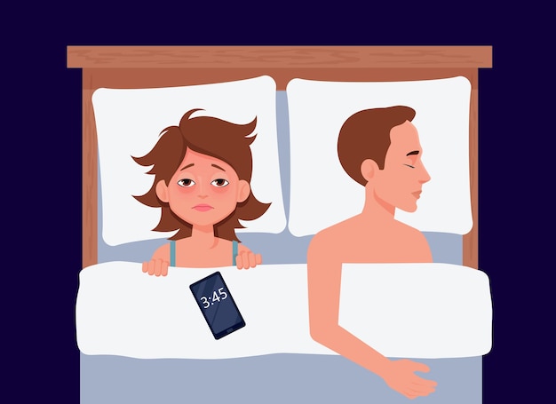 Vector een stel dat samen in bed ligt. het meisje lijdt aan slapeloosheid. slapeloosheid vectorillustratie. slaapstoornis. platte cartoon stijl illustratie