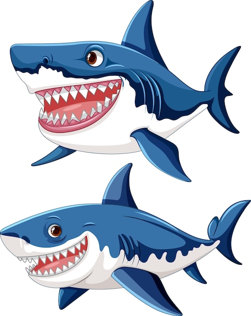Een stel grote witte haaien met grote tanden die glimlachen en zwemmen