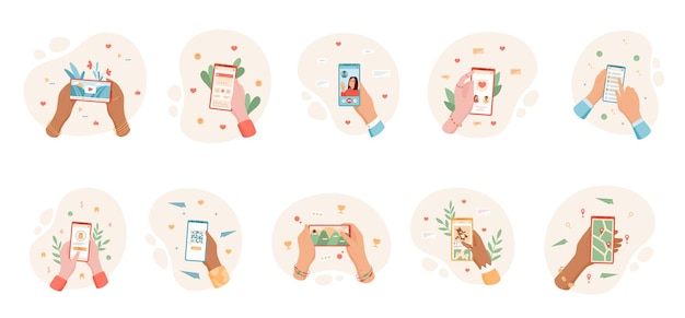 Een stel handen die een telefoon en een smartphone vasthouden met behulp van een applicatie voor videochat en camera-gebruikers