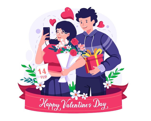 Een stel maakt een selfie met cadeautjes en bloemen. selfie-liefhebbers. valentijnsdag concept illustratie