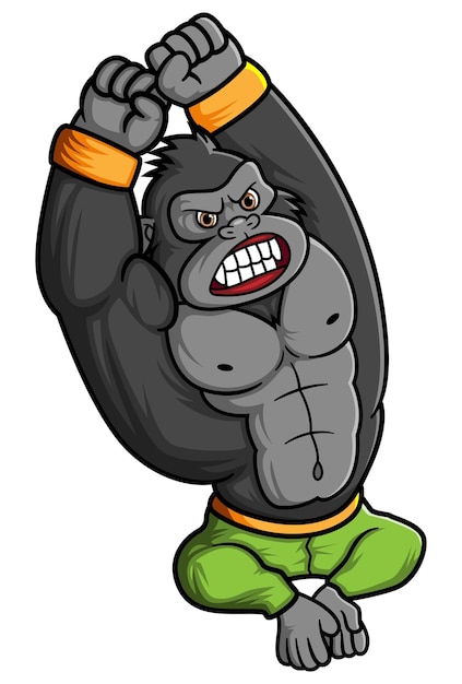 Een sterke gorilla die zit en zich uitrekt voordat hij gaat trainen